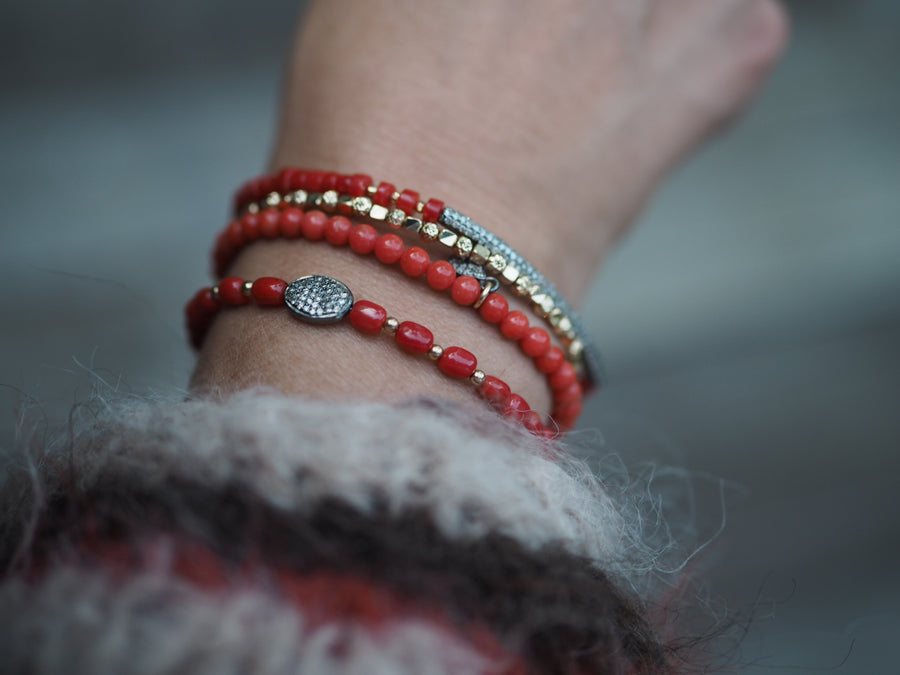 Coral stones bracelet with silver pave diamonds disk