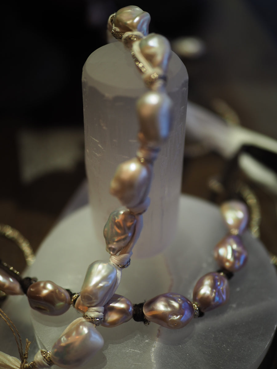 Silk Ribbon Baroque Pearls Necklace - Blush Pearls