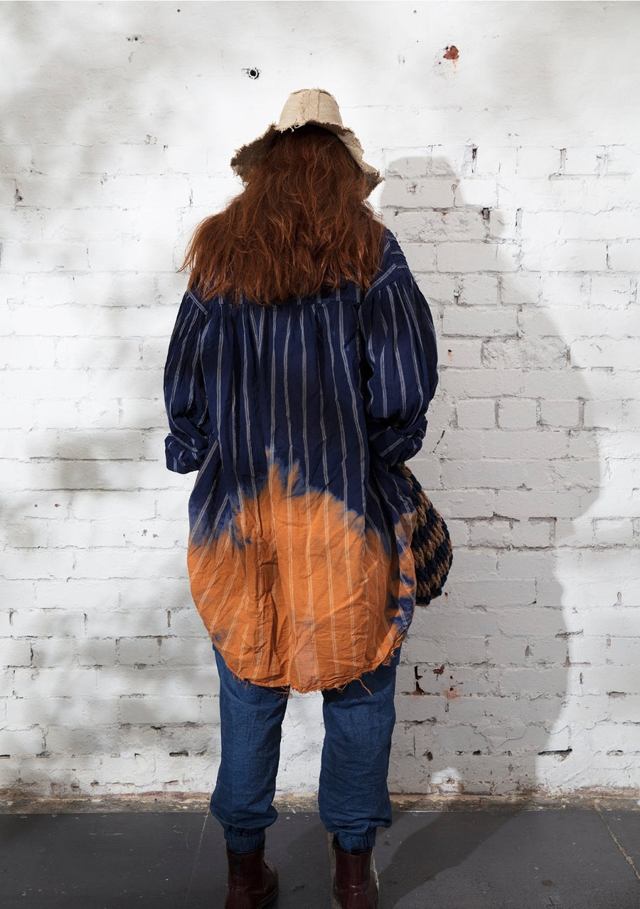 Pin-Tuck Oversize Shirt (Linen-Pinstripe ) Acid Wash Indigo