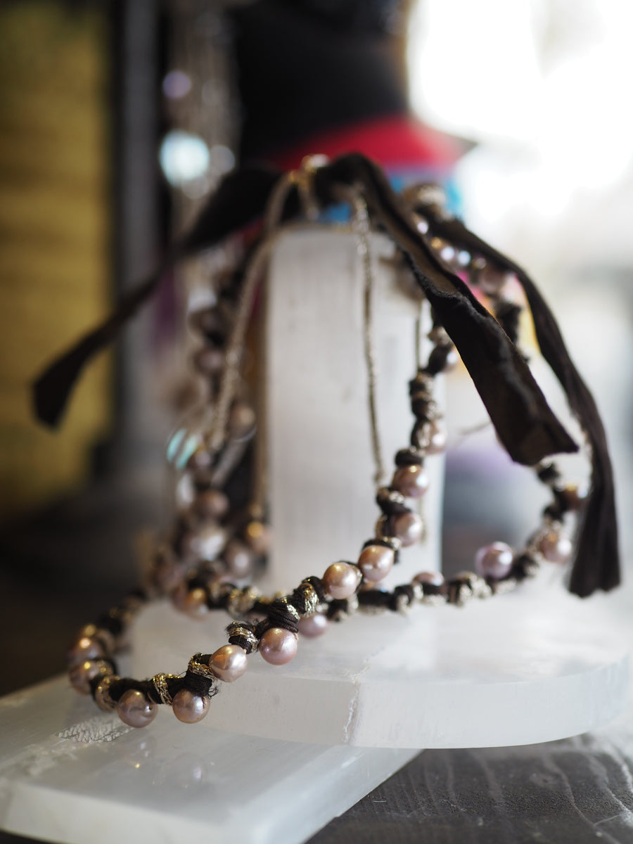 Silk Ribbon Tahitian Pearls Necklace - Blush