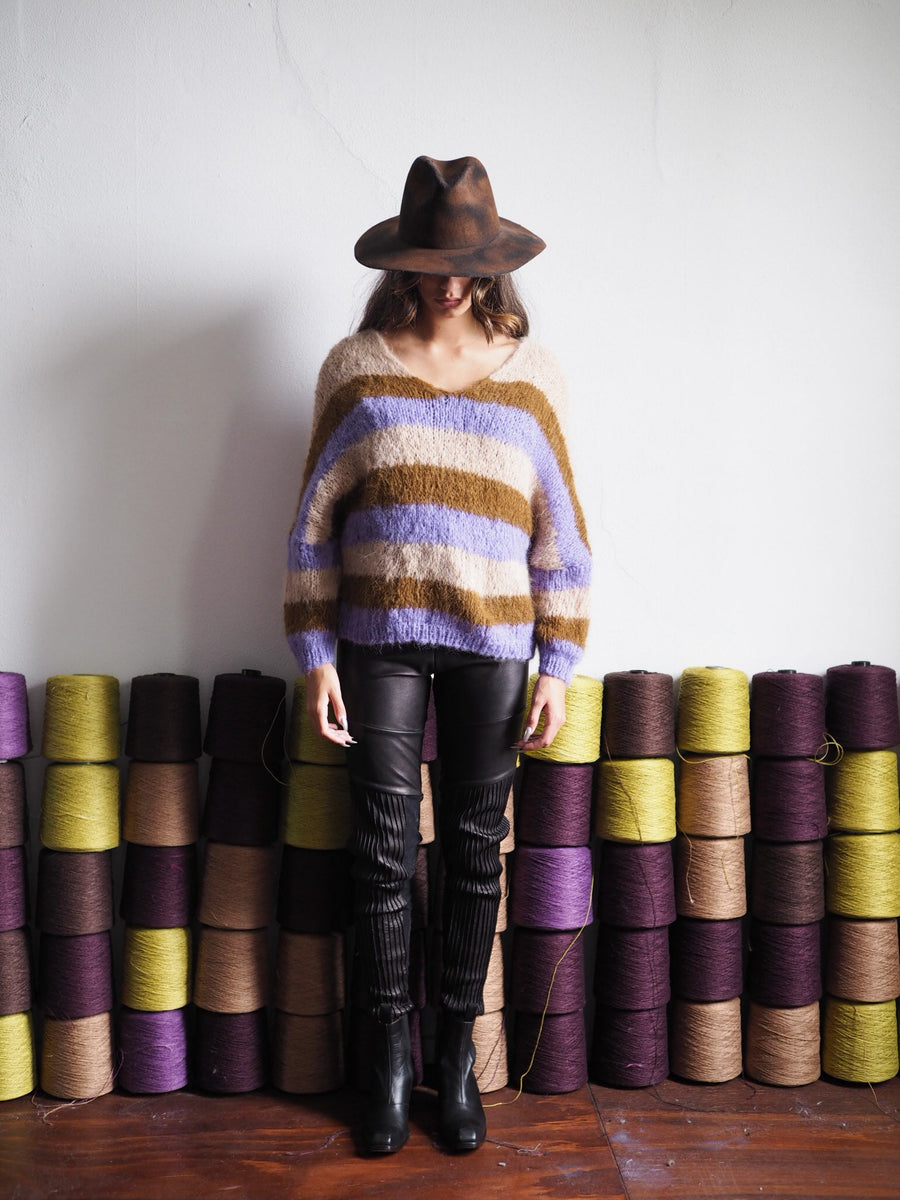 Hand Knit Batwing V Neck Sweater (Alpaca) - Lilac Stripe