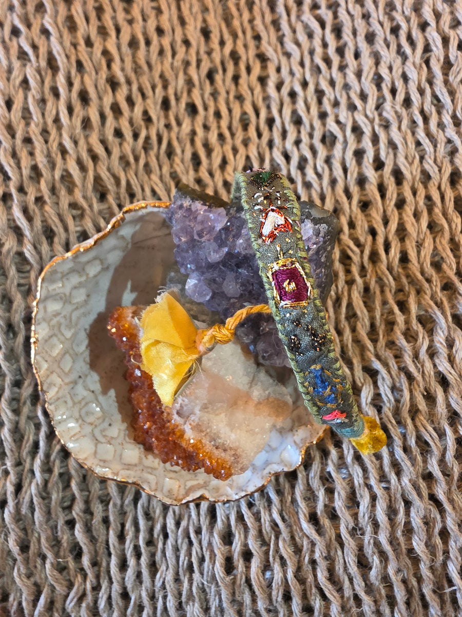 Antonia Rossi Embroidered Silk Bracelet - greens grey