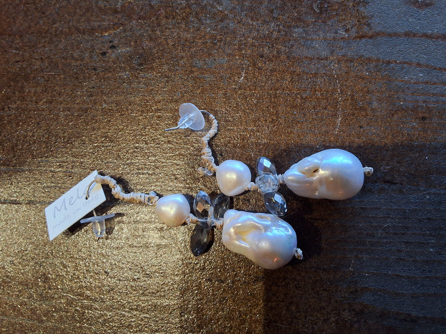Mela Queen Earrings (Baroque Pearls + Smoky Crystals)