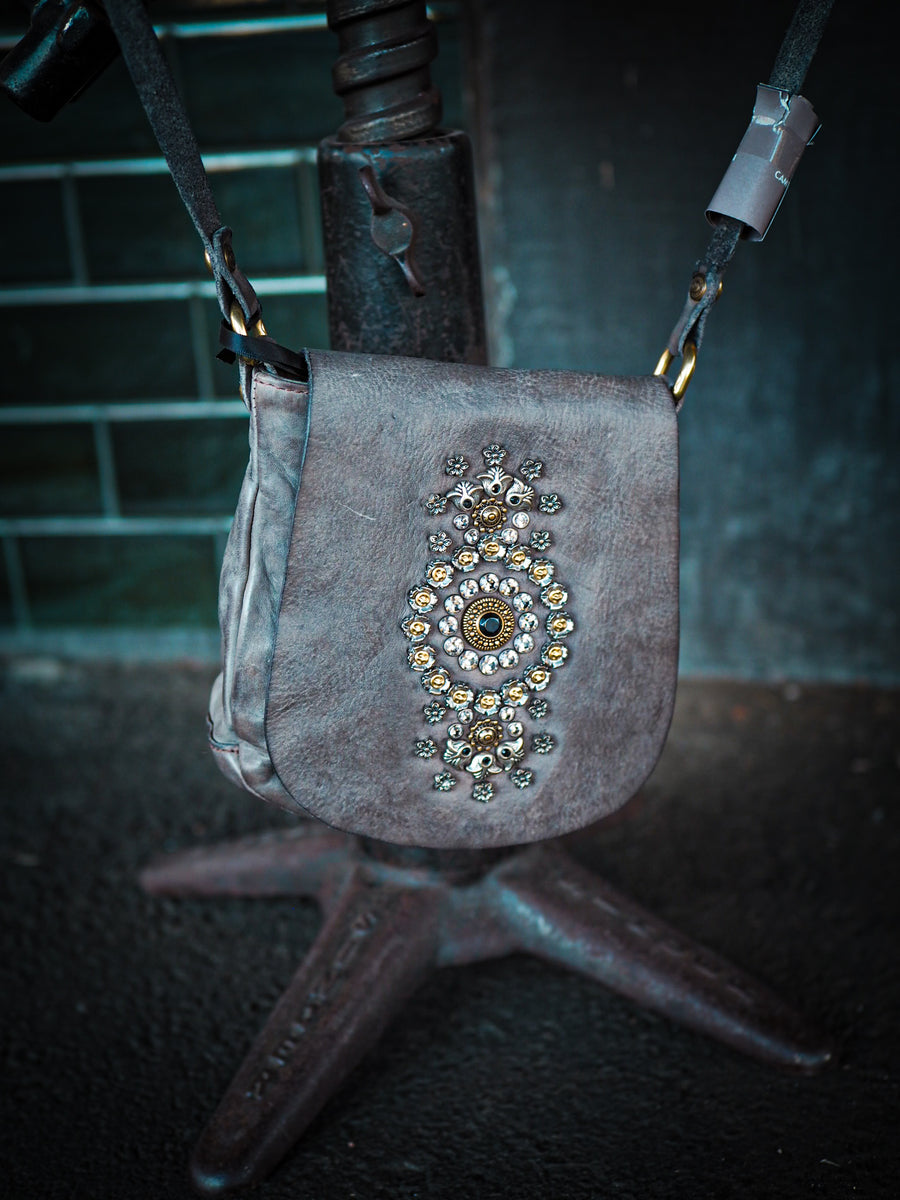 Cross-body Bag Giada in cowhide leather with studs and rhinestones - Grey