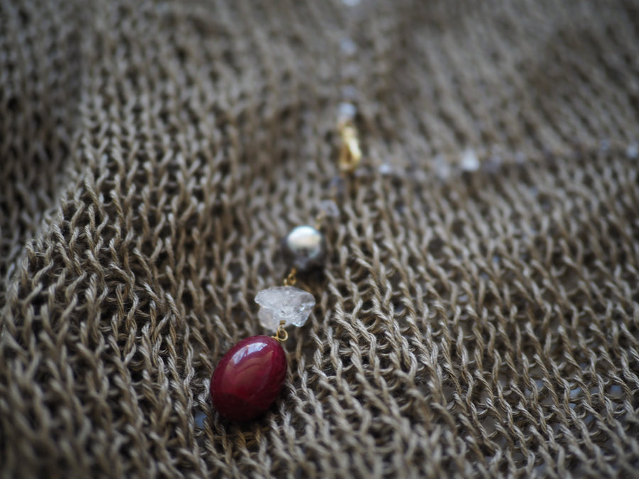Lariat Necklace - Herkimer Diamonds + Tahitian grey Pearl + Ruby stone