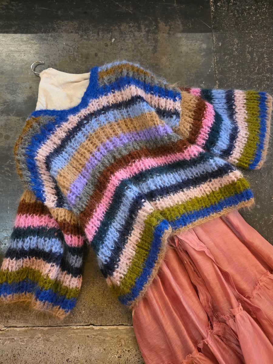 Hand Knit Variagated Stripe V Neck Sweater (Alpaca)