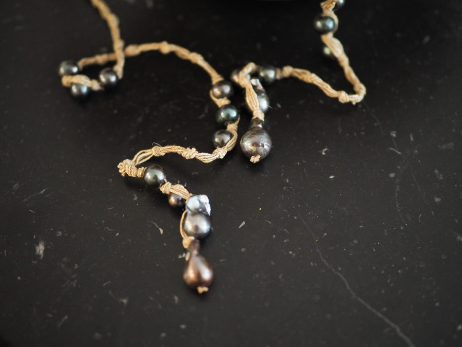 Multi Pearl Lariat Necklace On Silk Thread - Ebony