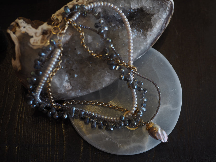 Flaneur Labradorite, pearls & semi precious stones with gold details Necklace