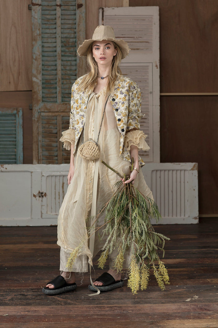 Maxi button back duster / dress - tea stain silk organza