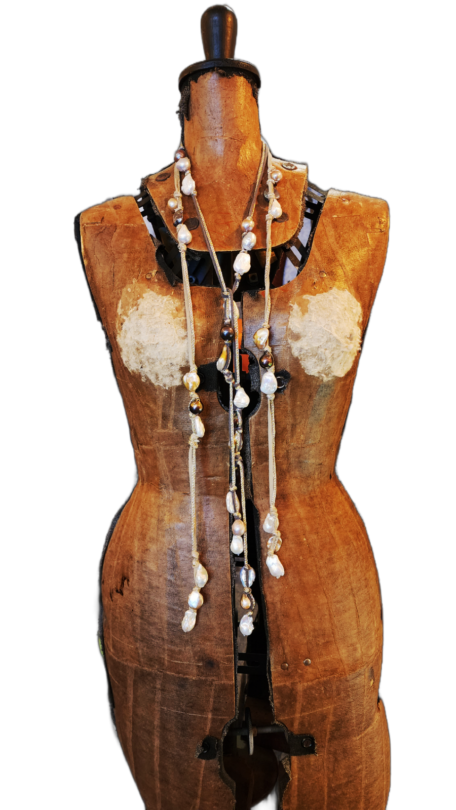 Baroque Pearls lariat style necklace - Natural Leather + metallic silk