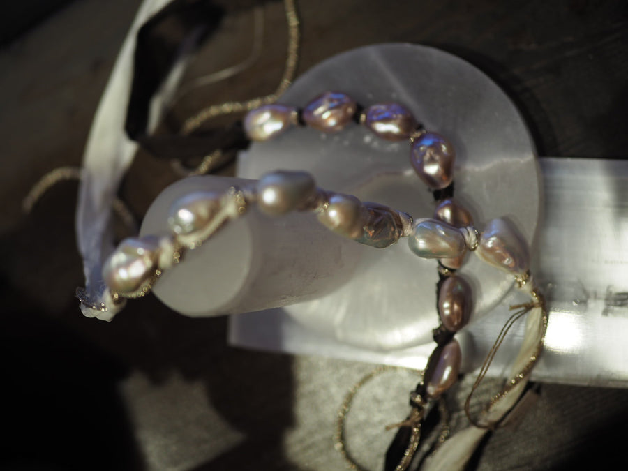 Silk Ribbon Baroque Pearls Necklace - Blush Pearls