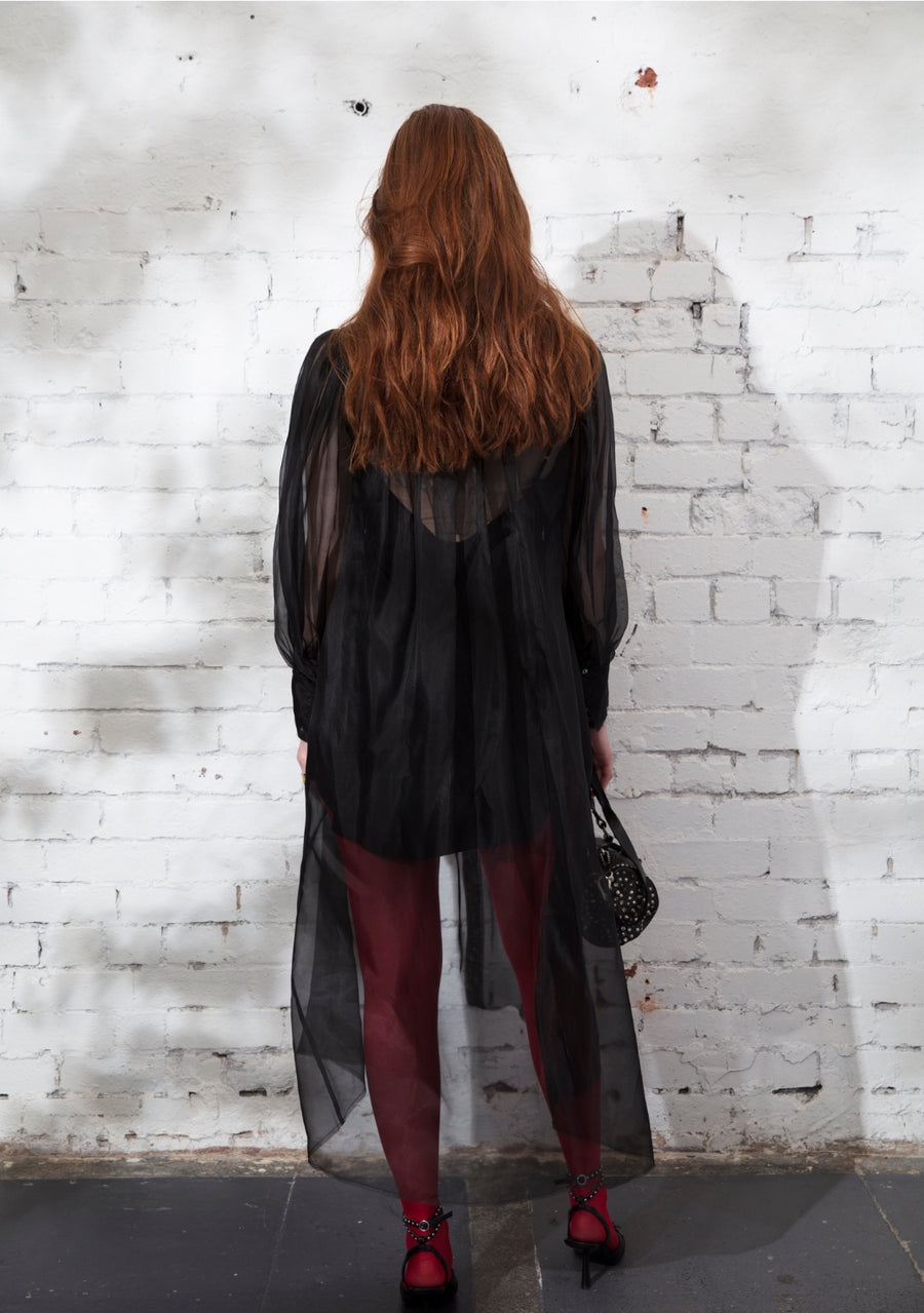 Button Through Shirt Dress (Silk Organza) - Black