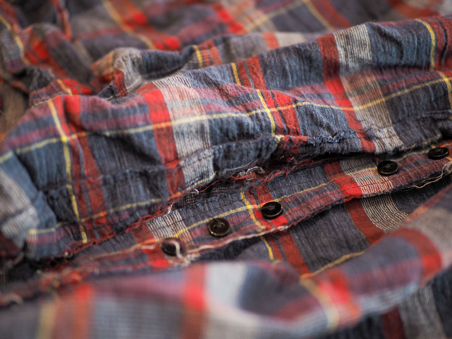 Amano Pin-tuck check Shirt (Linen) - Navy/White/rust tartan