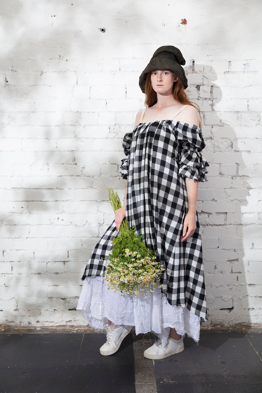 Button back dress/duster ( Linen check) Black - White