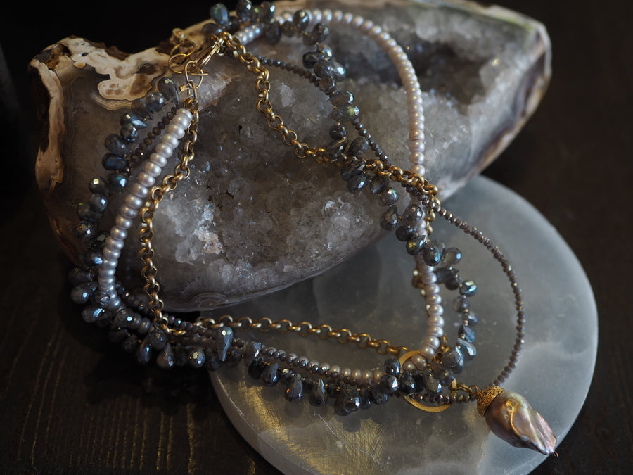 Flaneur Labradorite, pearls & semi precious stones with gold details Necklace