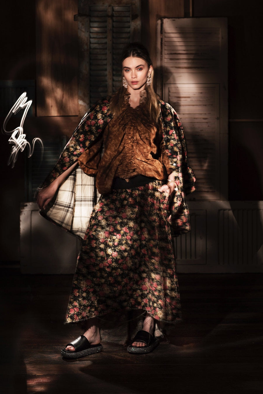 Long Line Tux Jacket - Floral, Acid Washed