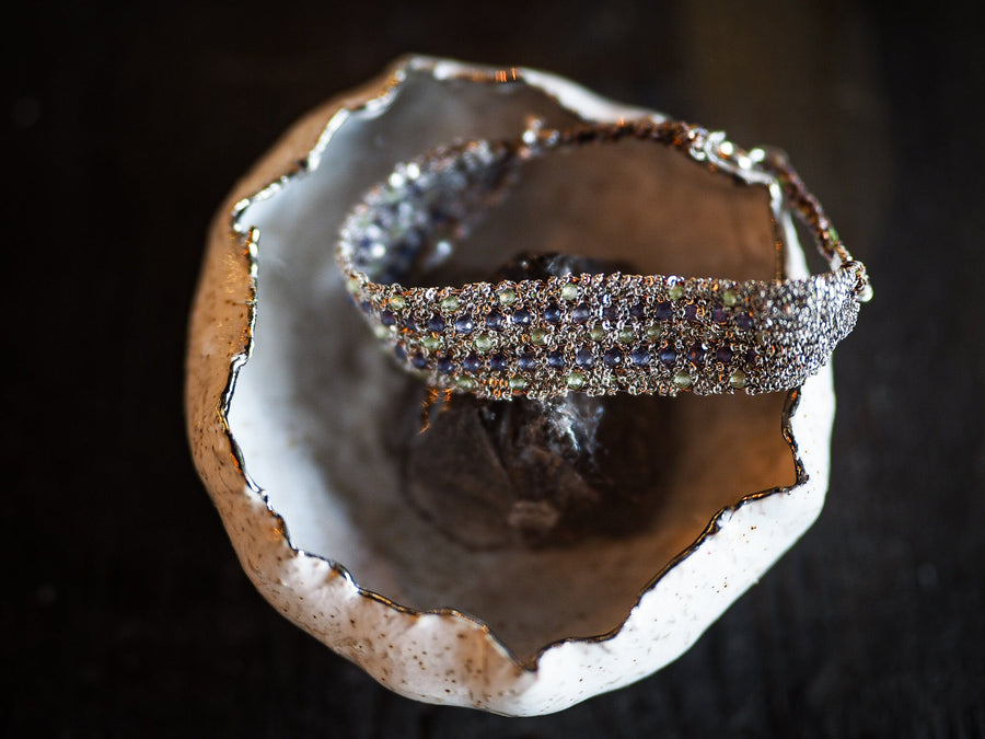 Star Hand Loom Bracelet (Sterling Silver Gold Plated) - Amethyst / Peridot
