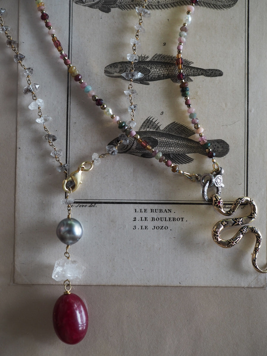 Lariat Necklace - Herkimer Diamonds + Tahitian grey Pearl + Ruby stone