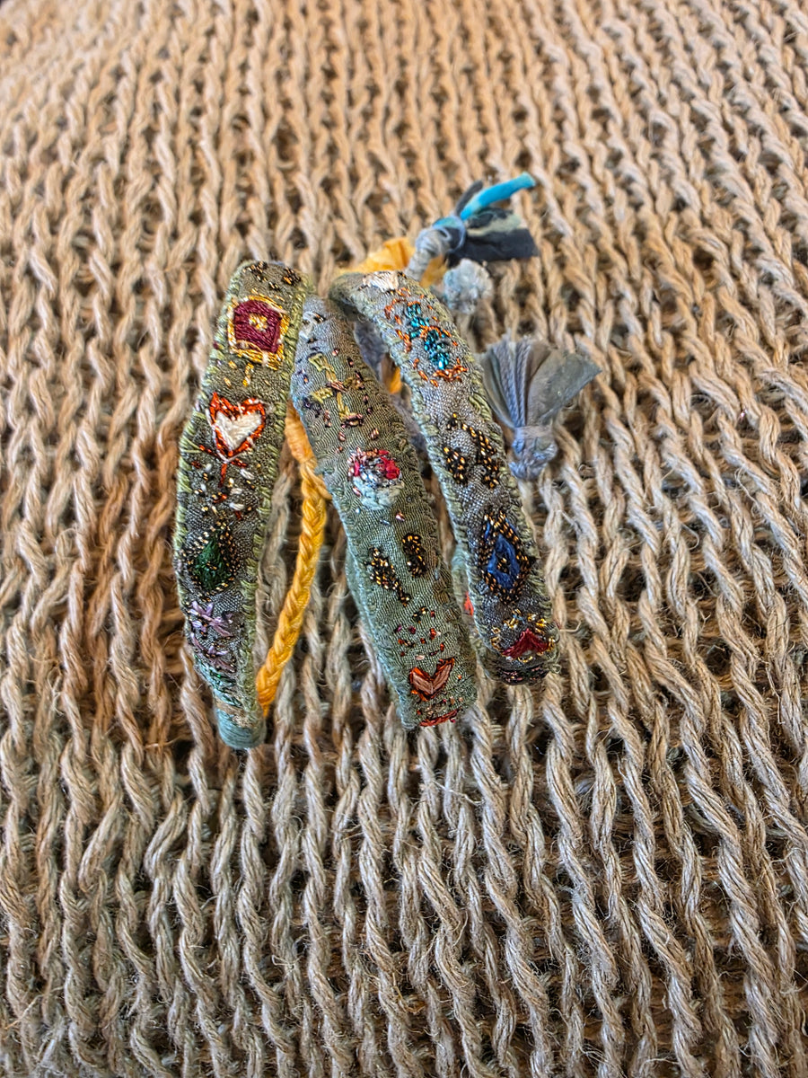 Antonia Rossi Embroidered Silk Bracelet - greens grey