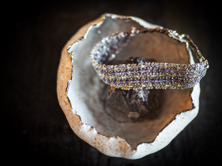 Star Hand Loom Bracelet (Sterling Silver Gold Plated) - Amethyst / Peridot