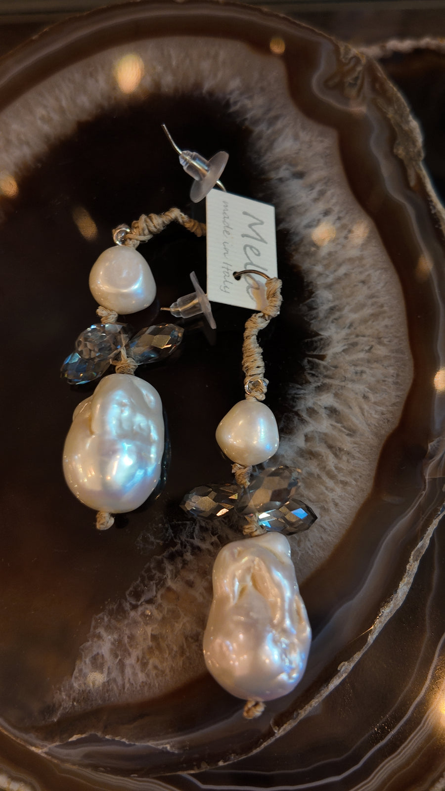 Mela Queen Earrings (Baroque Pearls + Smoky Crystals)