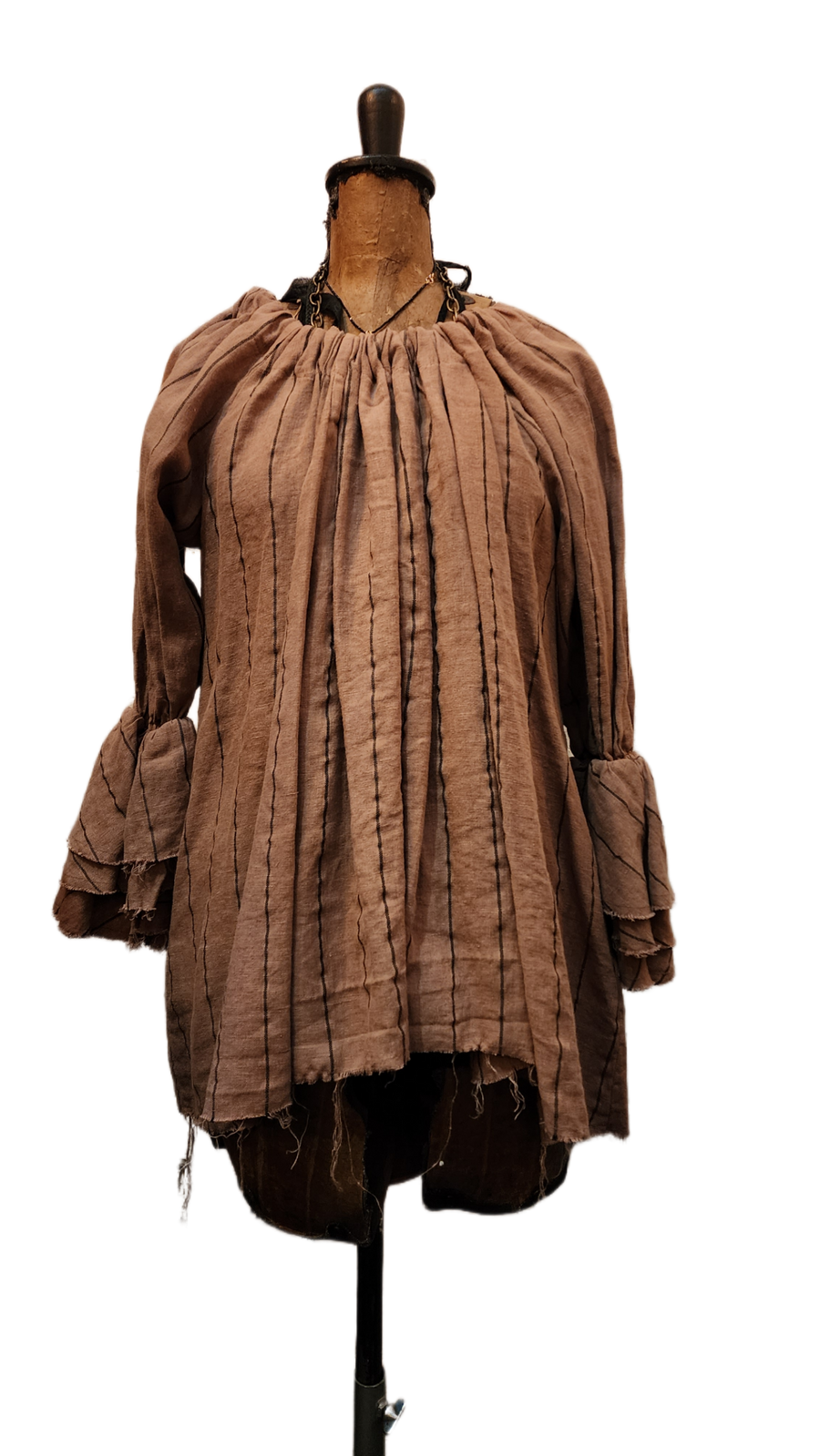 Button Back Blouse (Linen) - tan - Black pin stripe