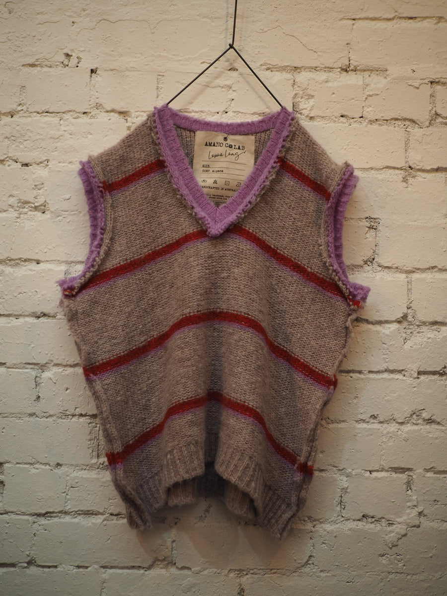 Knitted Stripe V Neck Vest (Alpaca) - Pink