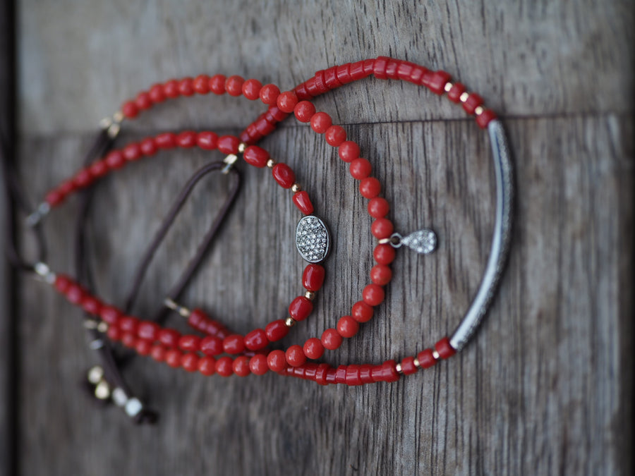 Coral stones bracelet with silver pave diamonds disk