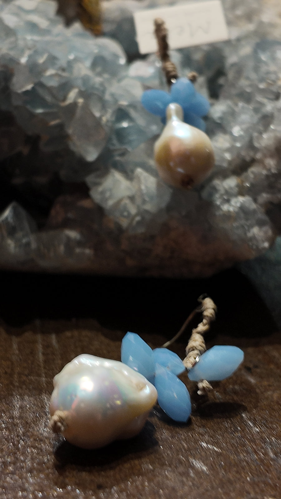 Mela Drop Pearl Earrings With Calcedony Quartz Crystals