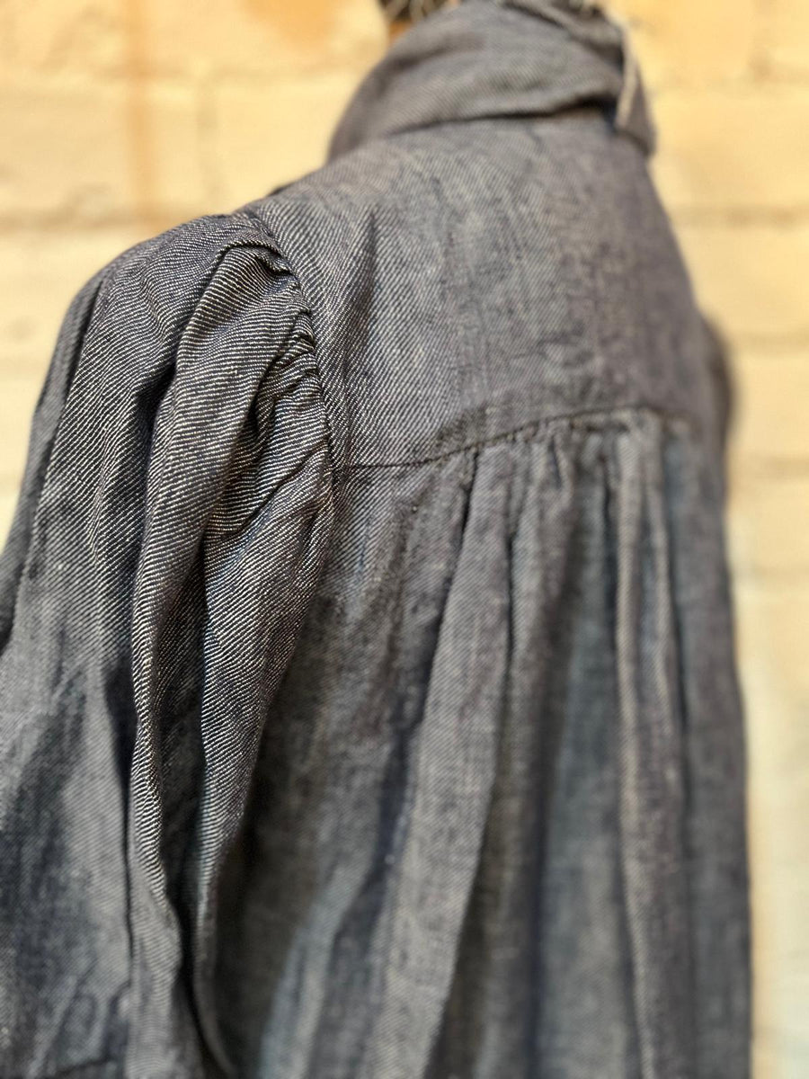 Button Through Shirt Dress - (Linen) - Denim