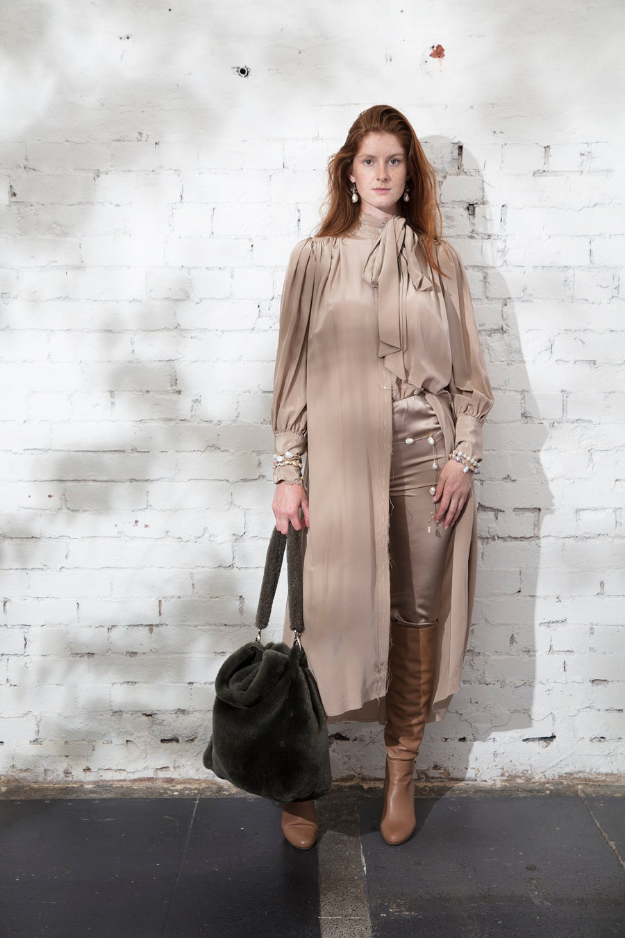 Button Through Shirt Dress W/ Neck Tie And Cuffs (Silk) - Tea Stain