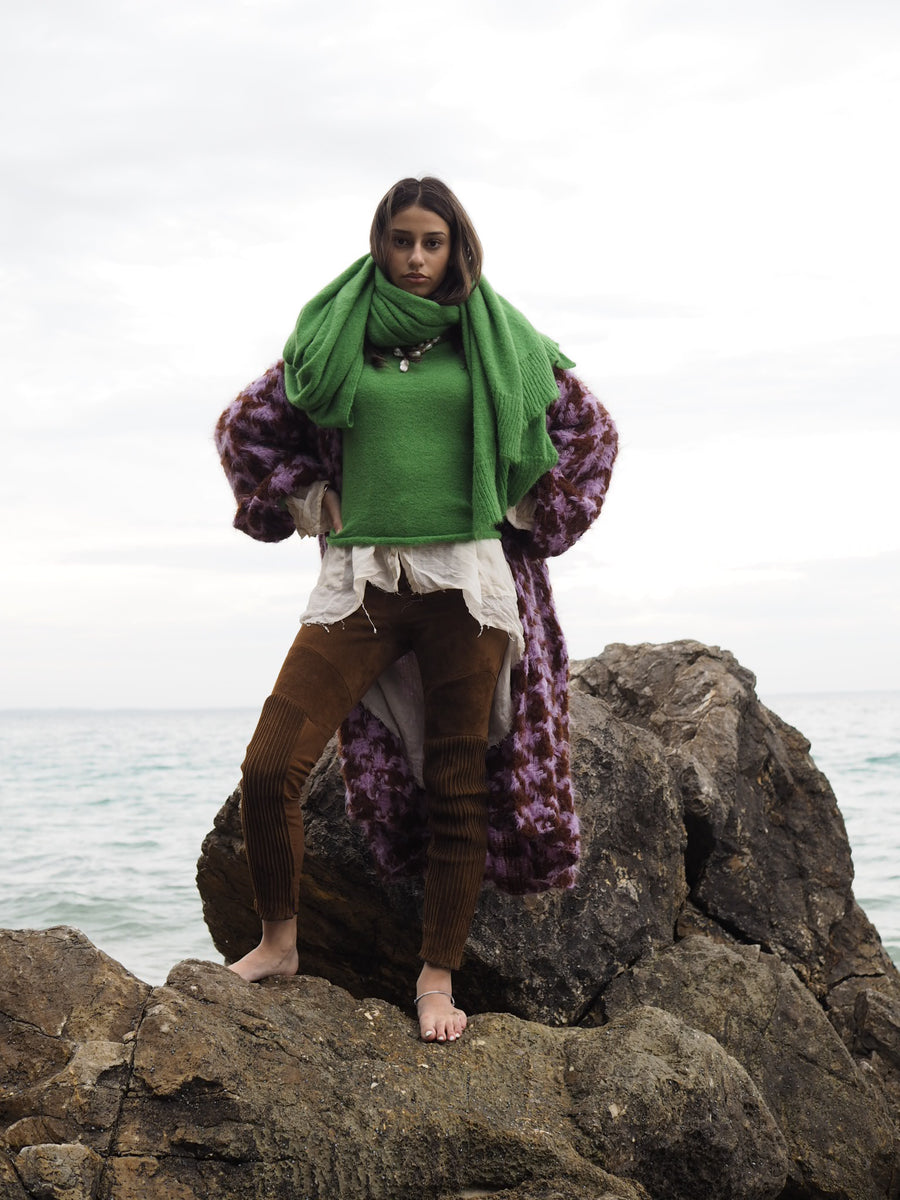 Hand-loom Maxi coat in large houndstooth weave (Alpaca) - Lilac/Cognac