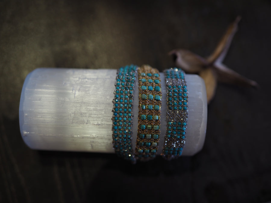 Stones Hand Loom Bracelet (Sterling Silver Rhodium Plated) - Turquoise