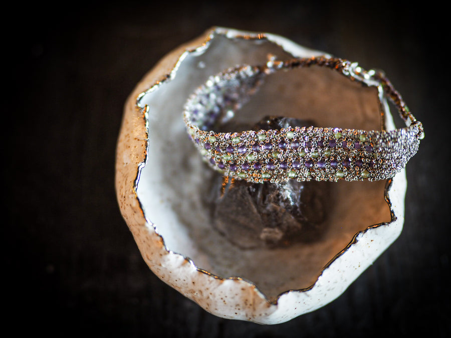 Star Hand Loom Bracelet (Sterling Silver Gold Plated) - Amethyst / Peridot