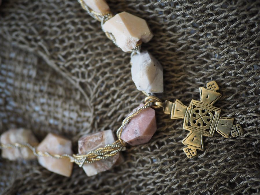 Raw rose quartz Crystal Wrapped Necklace