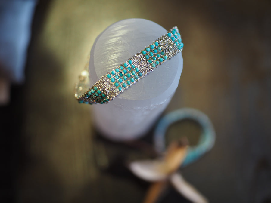 Stones Hand Loom Bracelet (Sterling Silver Rhodium Plated) - Turquoise