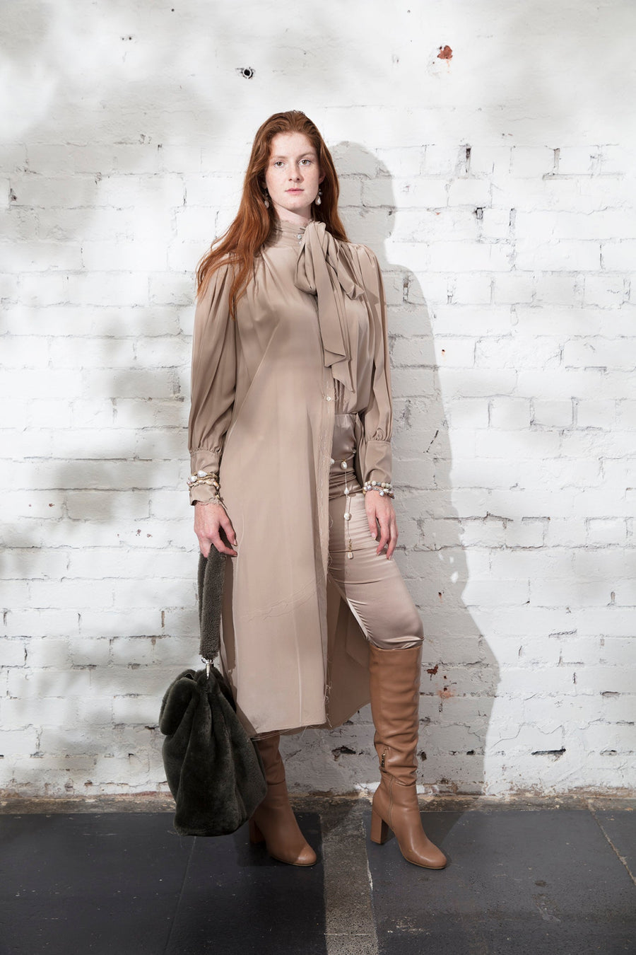 Button Through Shirt Dress W/ Neck Tie And Cuffs (Silk) - Tea Stain