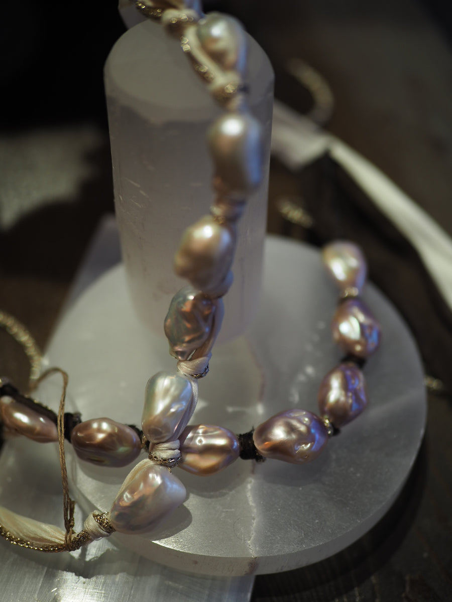Silk Ribbon Baroque Pearls Necklace - Blush Pearls