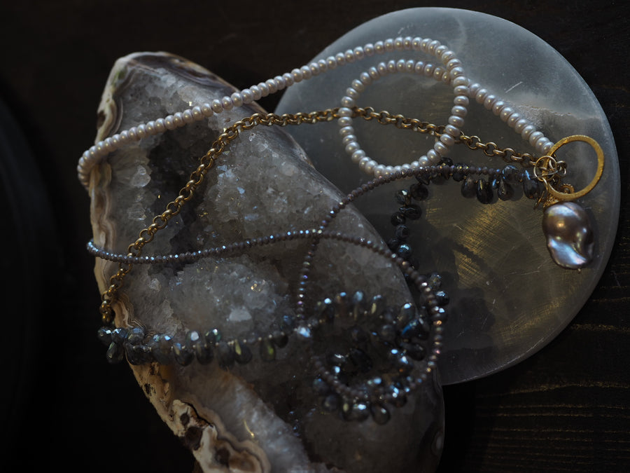 Flaneur Labradorite, pearls & semi precious stones with gold details Necklace