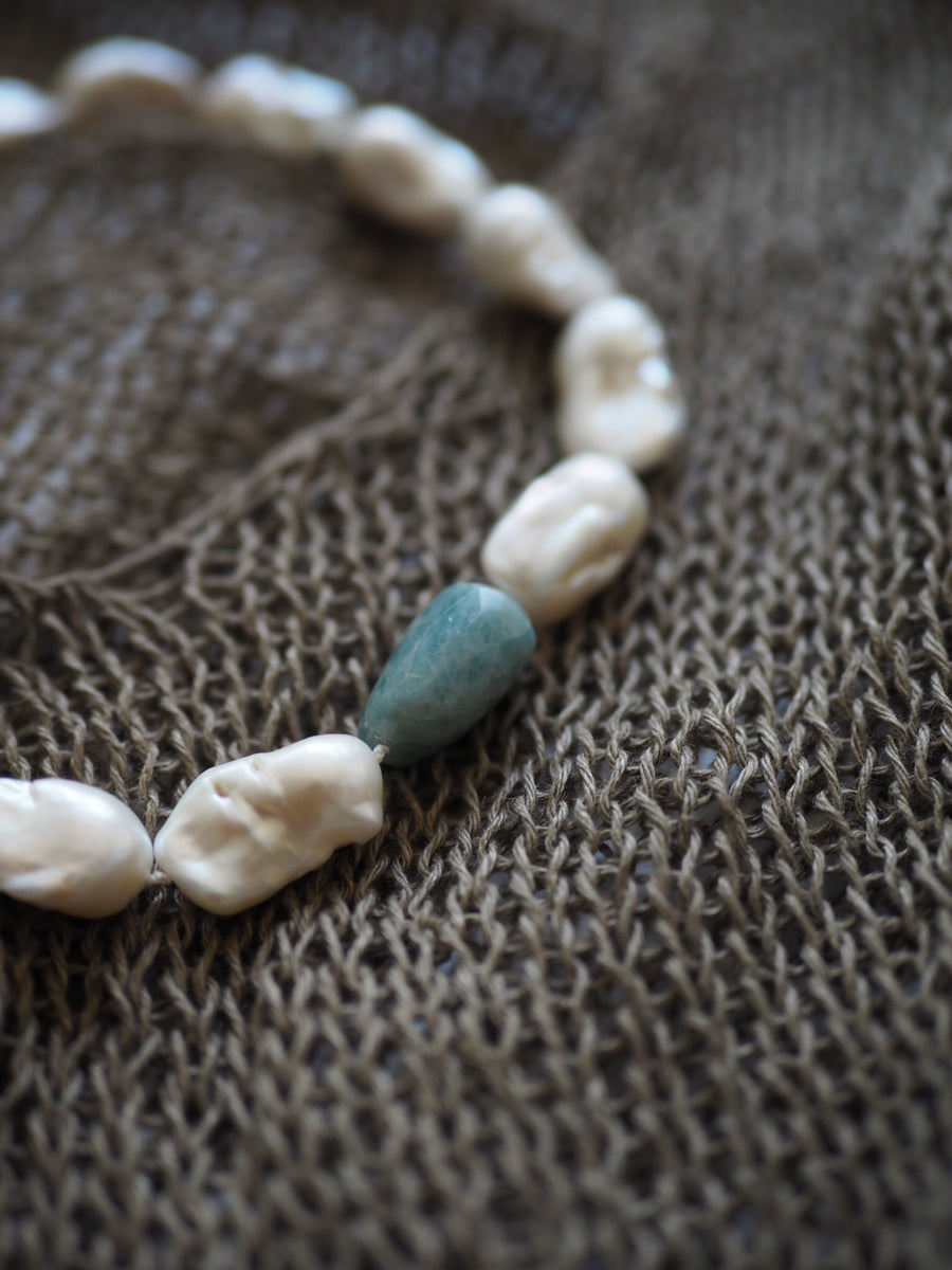 Classic Pearl Necklace - Baroque Pearls + Aquamarine