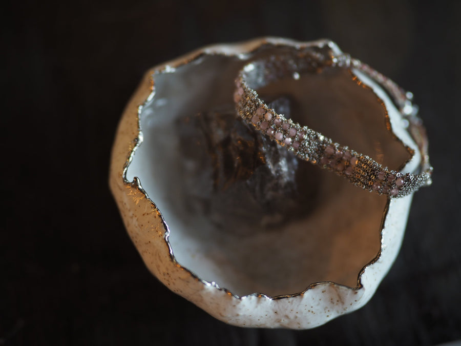 Stones Mini, Hand Loom Bracelet (Sterling Silver Rhodium Plated) - Rodonite