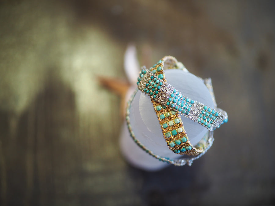 Stones Hand Loom Bracelet (Sterling Silver Rhodium Plated) - Turquoise
