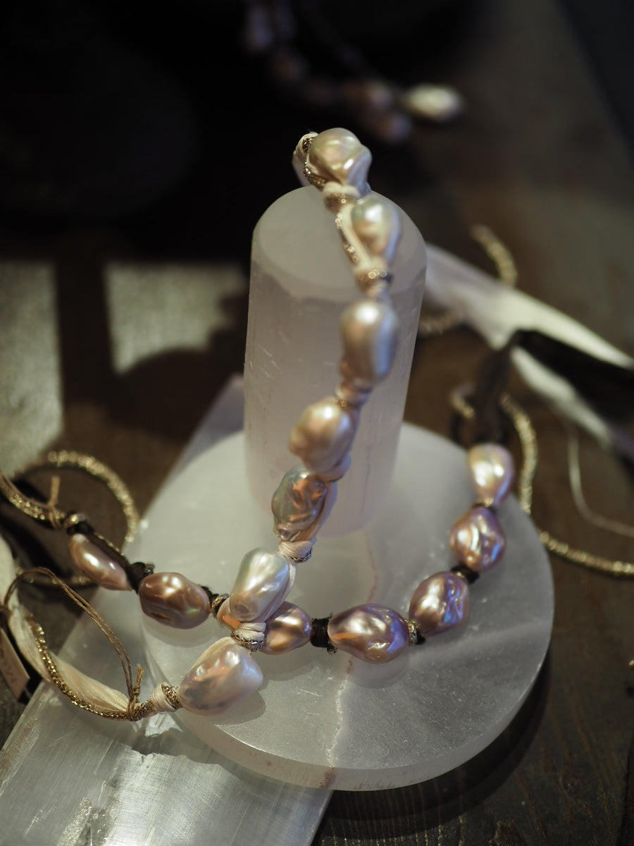 Silk Ribbon Baroque Pearls Necklace - Blush Pearls