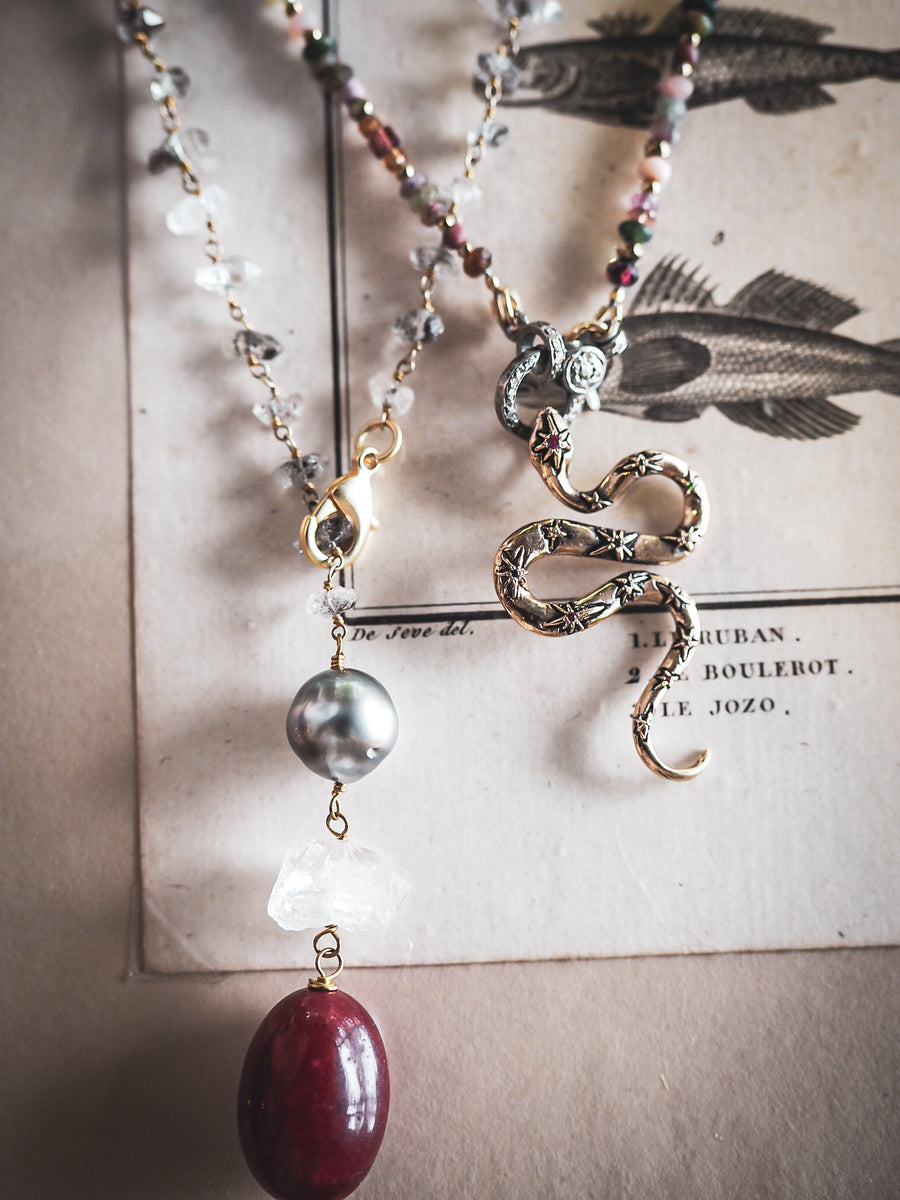 Lariat Necklace - Herkimer Diamonds + Tahitian grey Pearl + Ruby stone