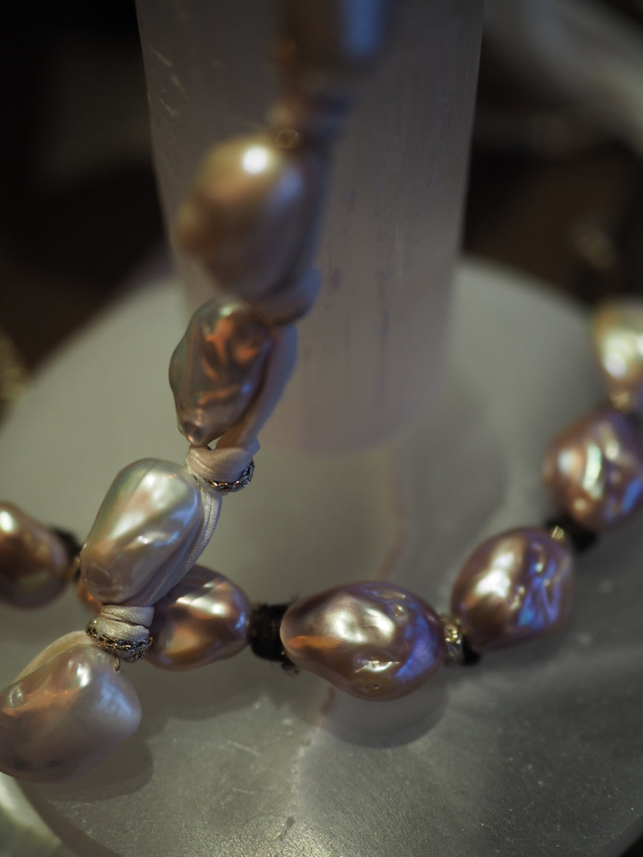 Silk Ribbon Baroque Pearls Necklace - Blush Pearls