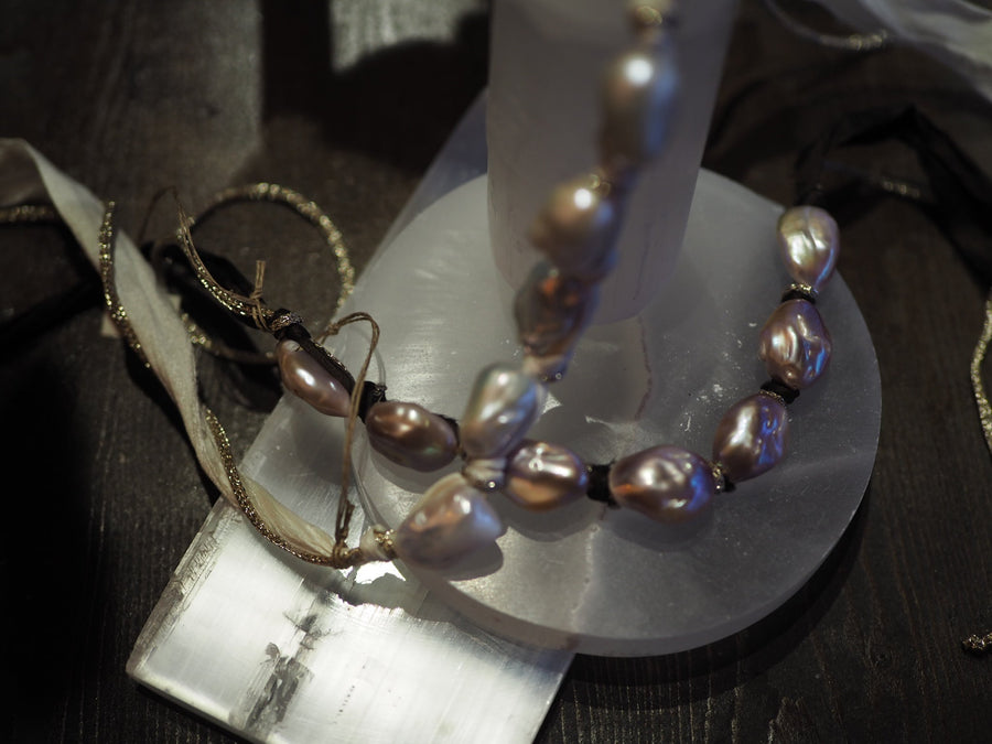 Silk Ribbon Baroque Pearls Necklace - Blush Pearls