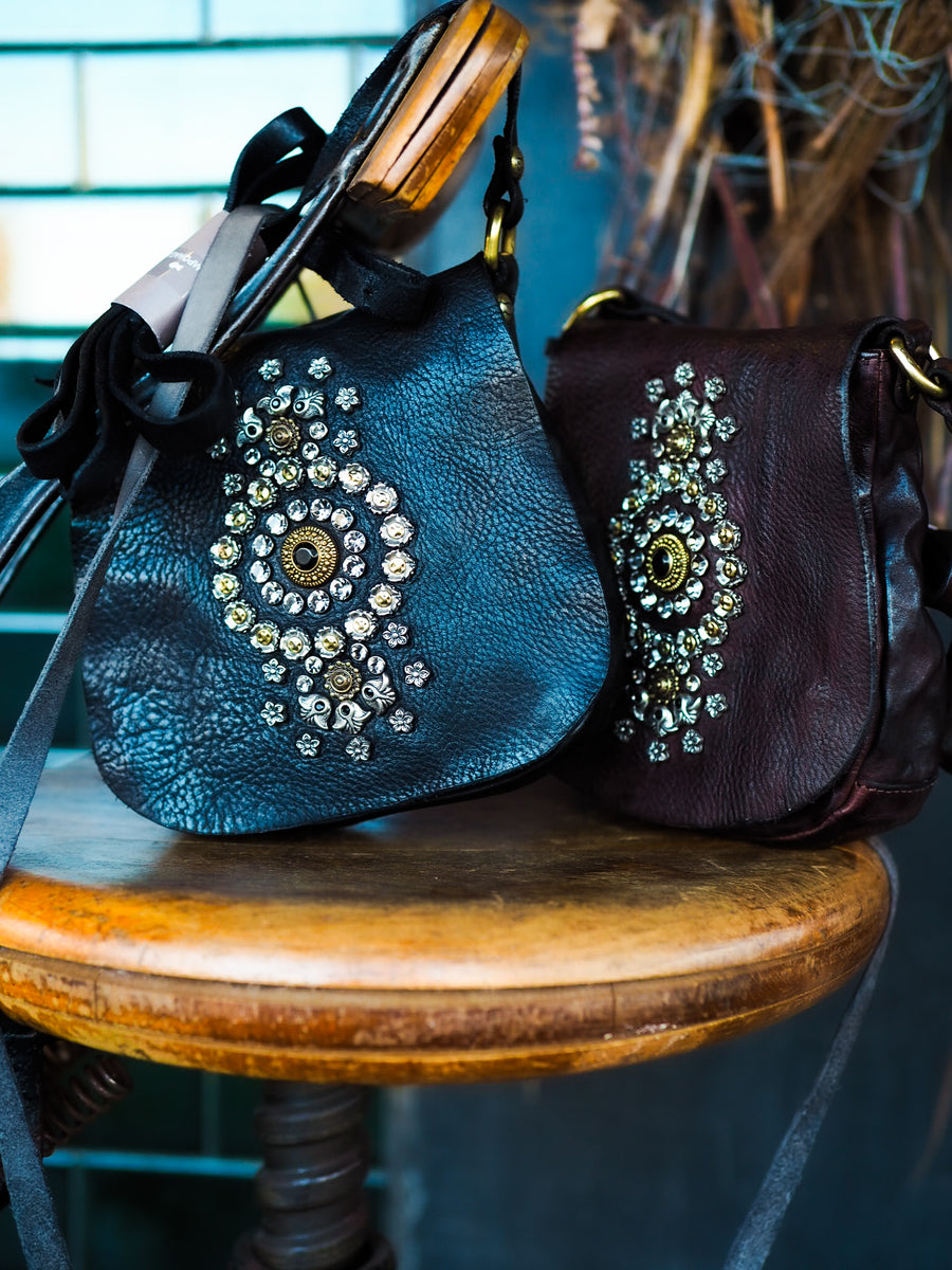 Cross-body Bag Giada in cowhide leather with studs and rhinestones - Moro