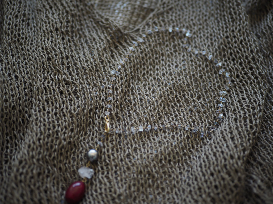 Lariat Necklace - Herkimer Diamonds + Tahitian grey Pearl + Ruby stone