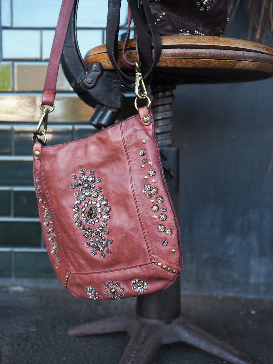 Crossbody Bag Nora in garment-dyed cowhide leather with studs and rhinestones