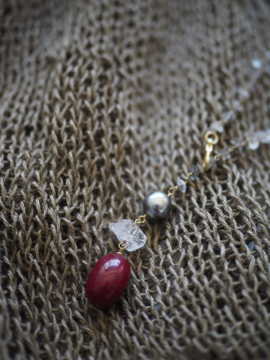 Lariat Necklace - Herkimer Diamonds + Tahitian grey Pearl + Ruby stone